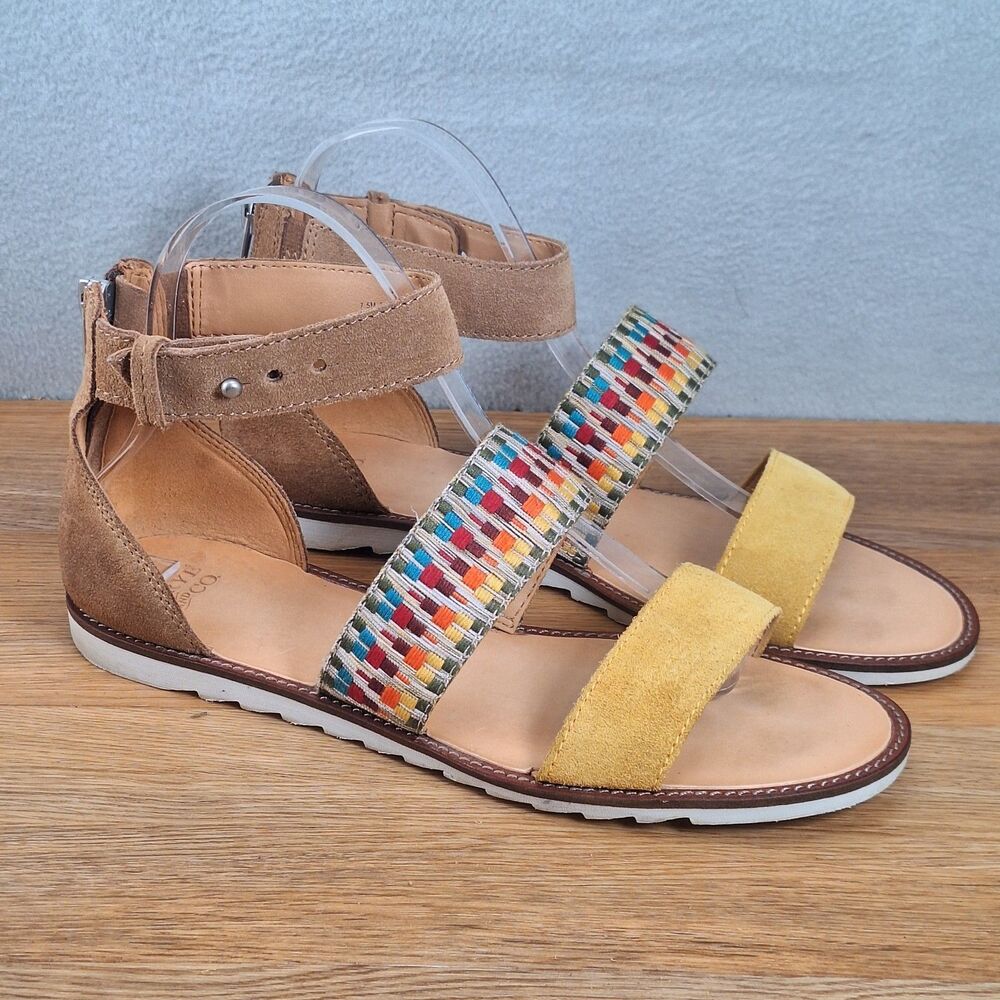 Frye & Co Port 2 Band Women's 7.5 Sandals Tan Rainbow Faux Leather Snap Boho